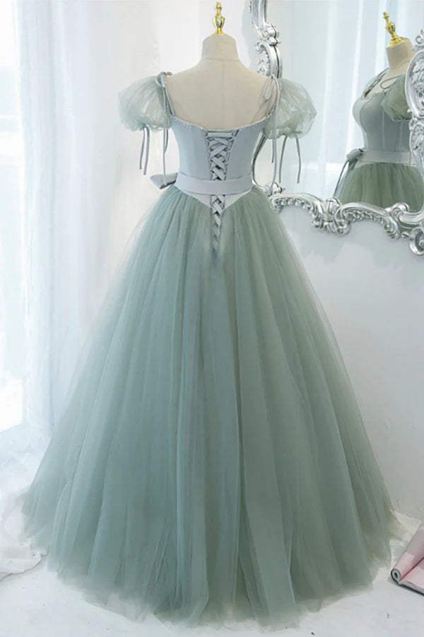 Wholesale Green Tulle Long A-Line Prom Dress Cute Short Sleeve Graduation Dress
